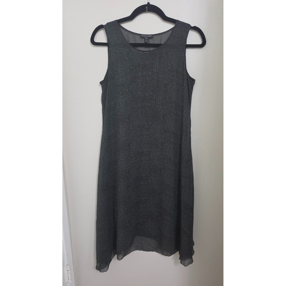 Eileen Fisher XS 100% Silk Dress Gray Black Sheer Asymmetrical Hem Midi